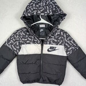 Nike Kids Just Do It Puffer Jacket Hooded Colorblock Black White Size 5 4-5YRS